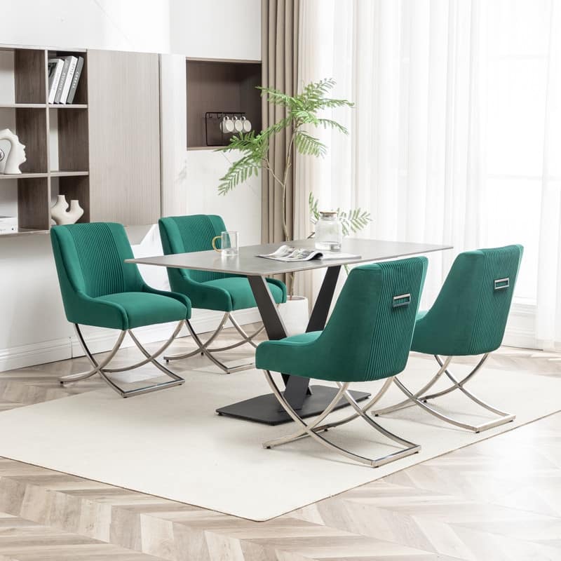 Modern Contempoary Velvet Dining Chair Set of 4 with Metal Frame Legs and Back Pull - Dark Green