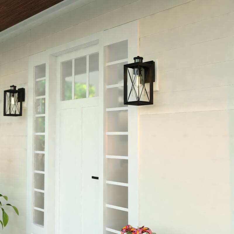 Milton Matte Black Motion Sensor Dusk to Dawn Outdoor Wall Light Transitional Clear Glass - 6-in W x 14-in H x 7-in D
