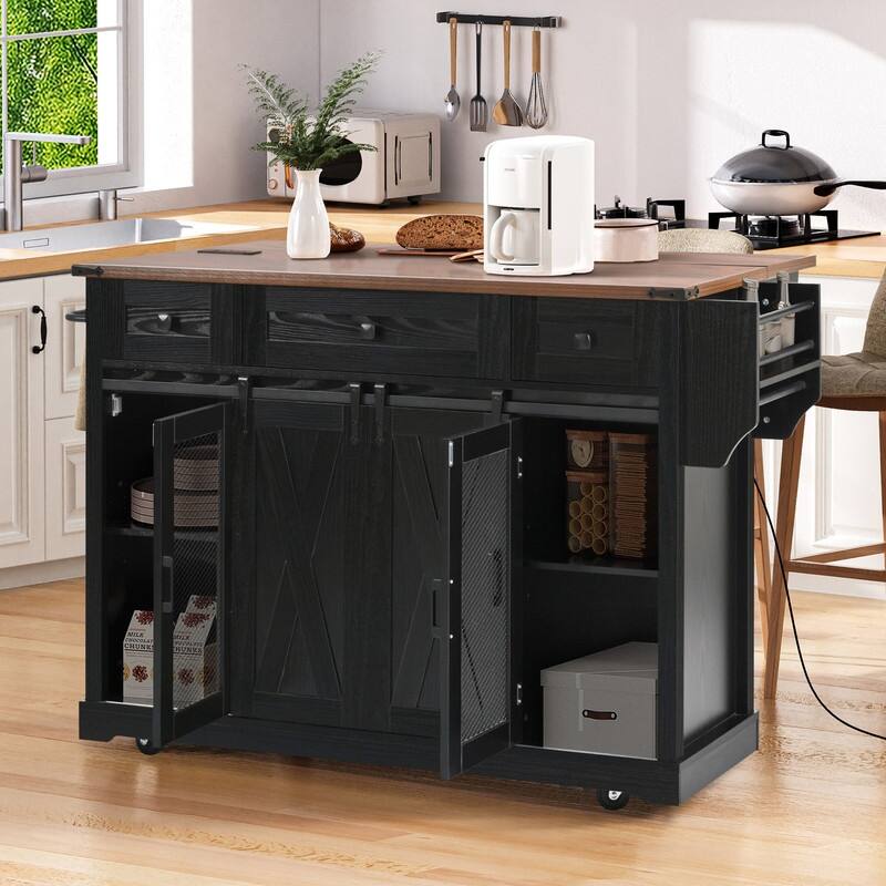 Farmhouse 58" Kitchen Island with Drop Leaf, Rolling Kitchen Island on 5 Wheels with Sliding Barn Door and Adjustable Shelves