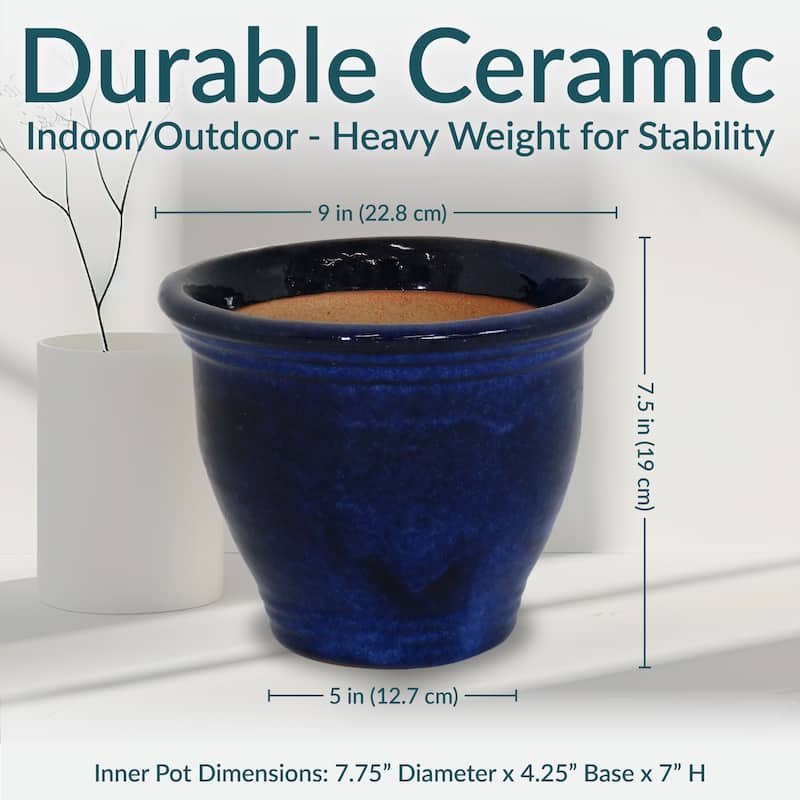 Sunnydaze Studio Glazed Ceramic Planter - Set of 2 - 9-Inch - Imperial Blue
