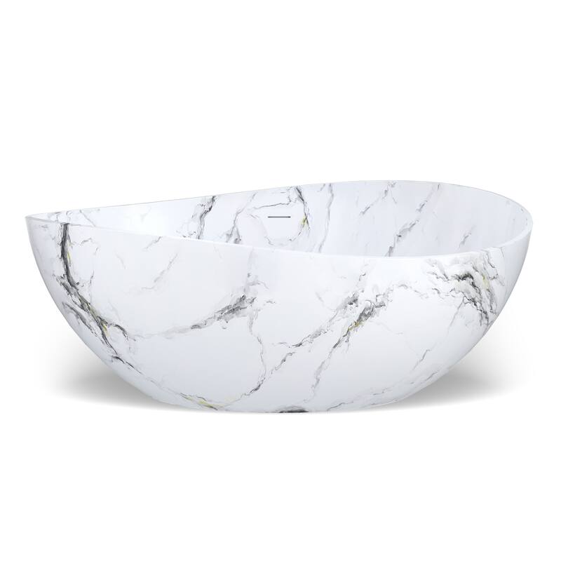 63 in. x 37 in. Solid Surface Freestanding Soaking Bathtub in Matte White with Italian Snowflake Marble Pattern, Center Drain