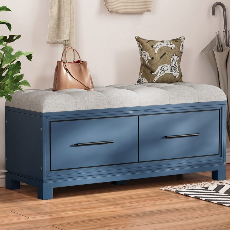 Shoe Bench with Removable Cushion and Hidden Storage for Entryway and Living Room Organization - Navy Blue