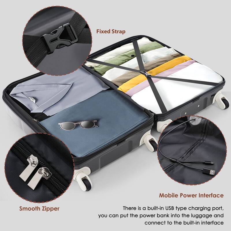 3 Piece Expandable Luggage Set, PC+ABS Durable Hard Shell Carry-on Suitcase with USB Port and Spinner Wheels, for Travel
