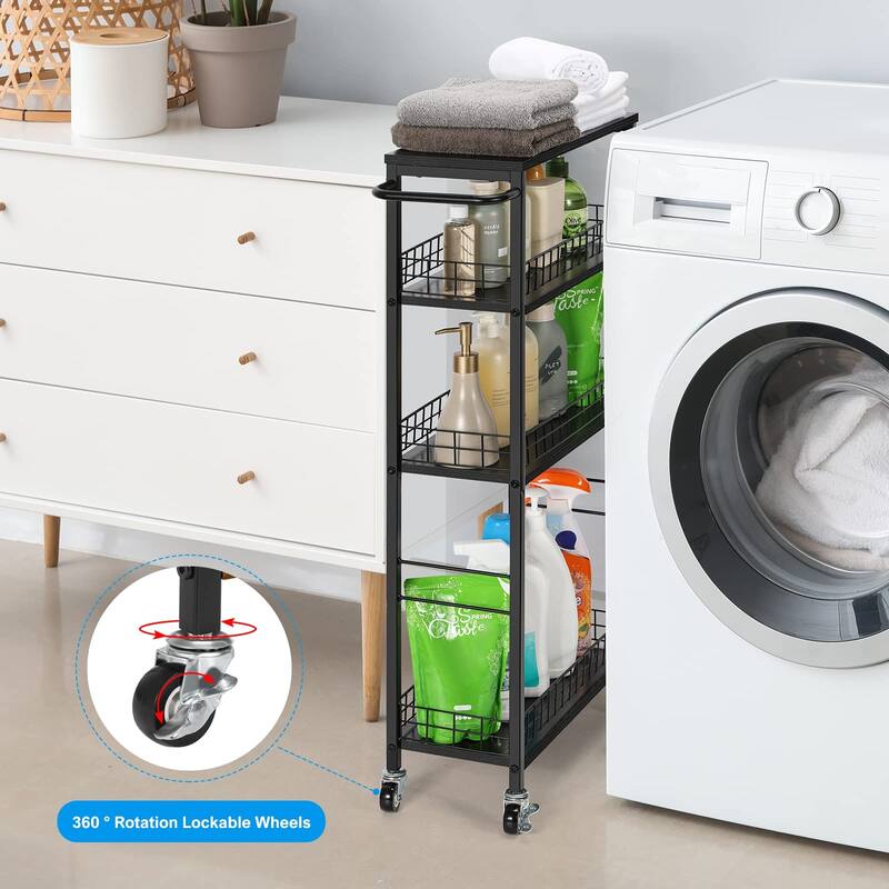 Slim Storage Cart Kitchen Rolling Utility Cart on Wheels 4 Tier Mobile Narrow Cart with Wood and Metal Handle Slide Out Storage