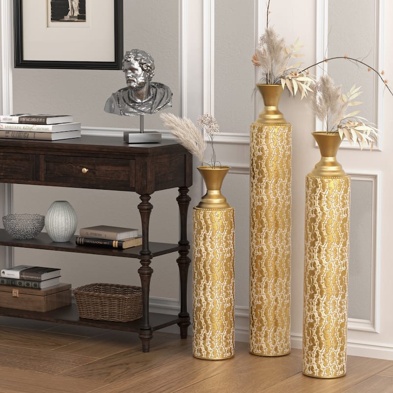Metal Decorative Vases High Distress Metal Center Vases with Growing Vine Patterns,Set of 3 Vases for Home Decoration - Antique Gold
