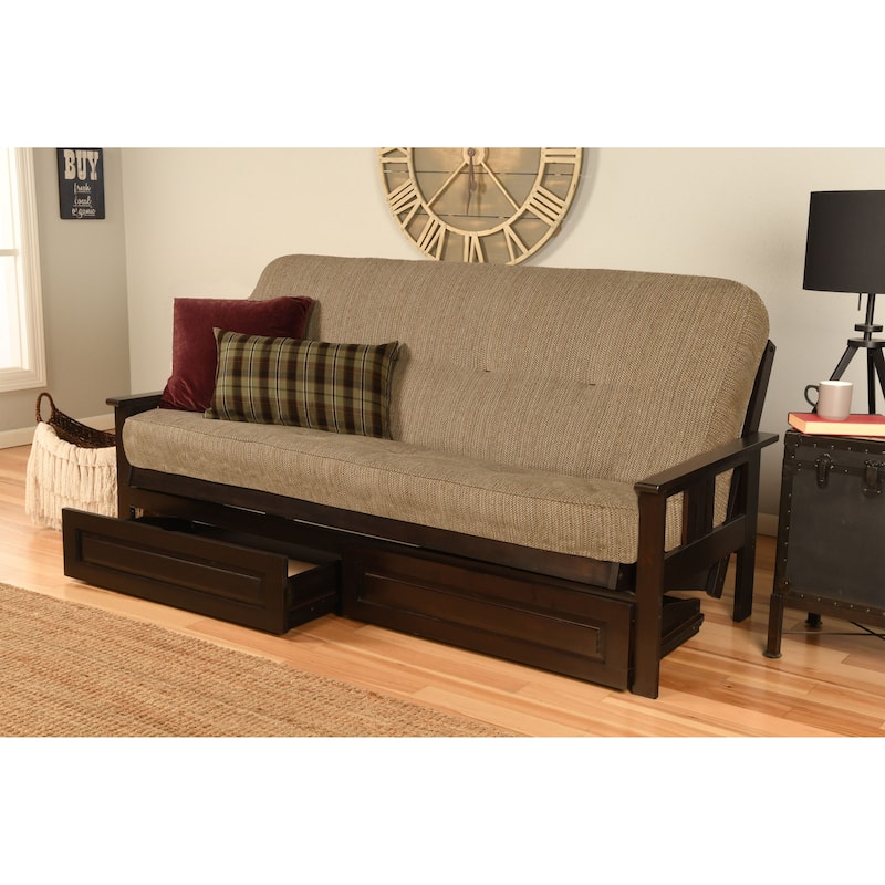 Porch & Den DeSoto Espresso Full-size Wood Storage Futon Set with Mattress - Taxi Woodsmoke