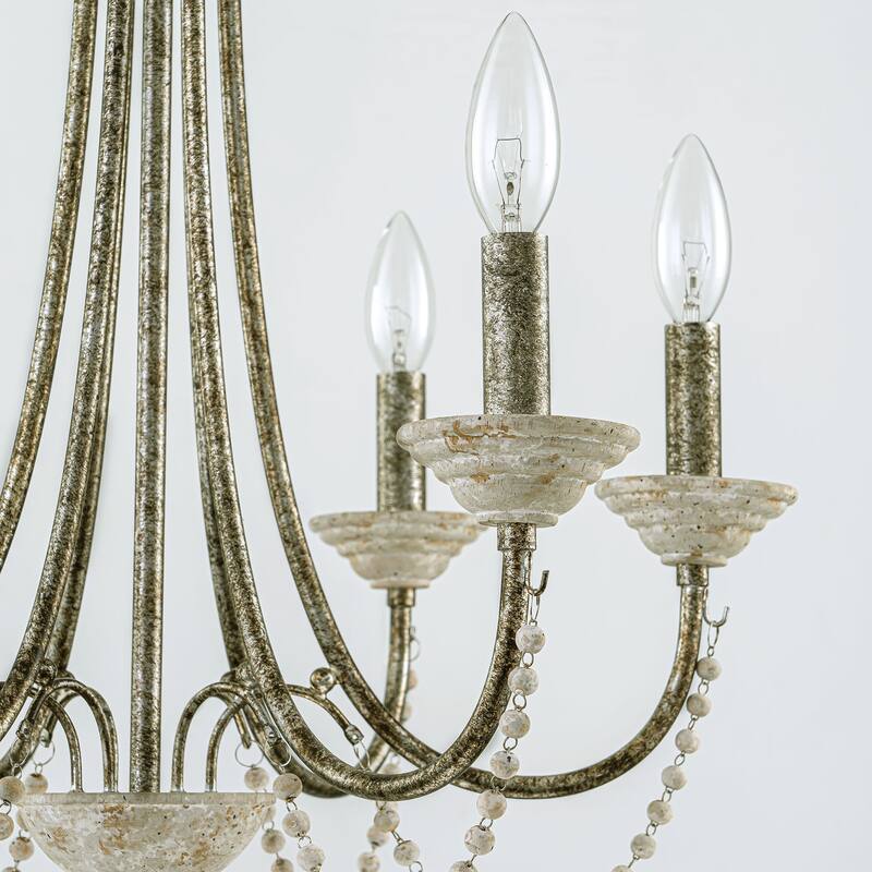 6-Light 20" Rustic French White Antiqued Wood Beaded Chandelier Light for Dining Room, Living Room