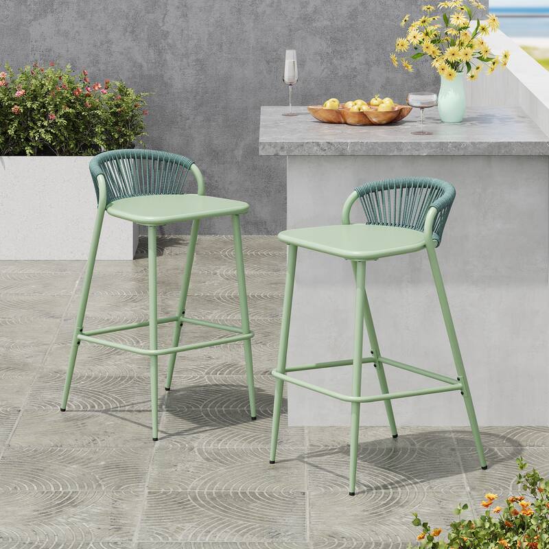 Christopher Knight Home - Samantha Durable Outdoor Barstools with Rope-Woven Backrest, Set of 2 - Sage