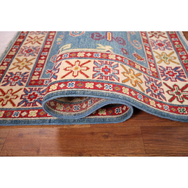 Light Blue Geometric Kazak Accent Rug Hand-Knotted Foyer Wool Carpet - 3'4" x 4'11"