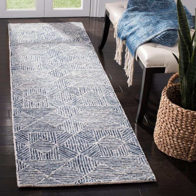 SAFAVIEH Handmade Abstract Harmanna Modern Wool Rug - 2'3" x 8' Runner - Blue/Ivory