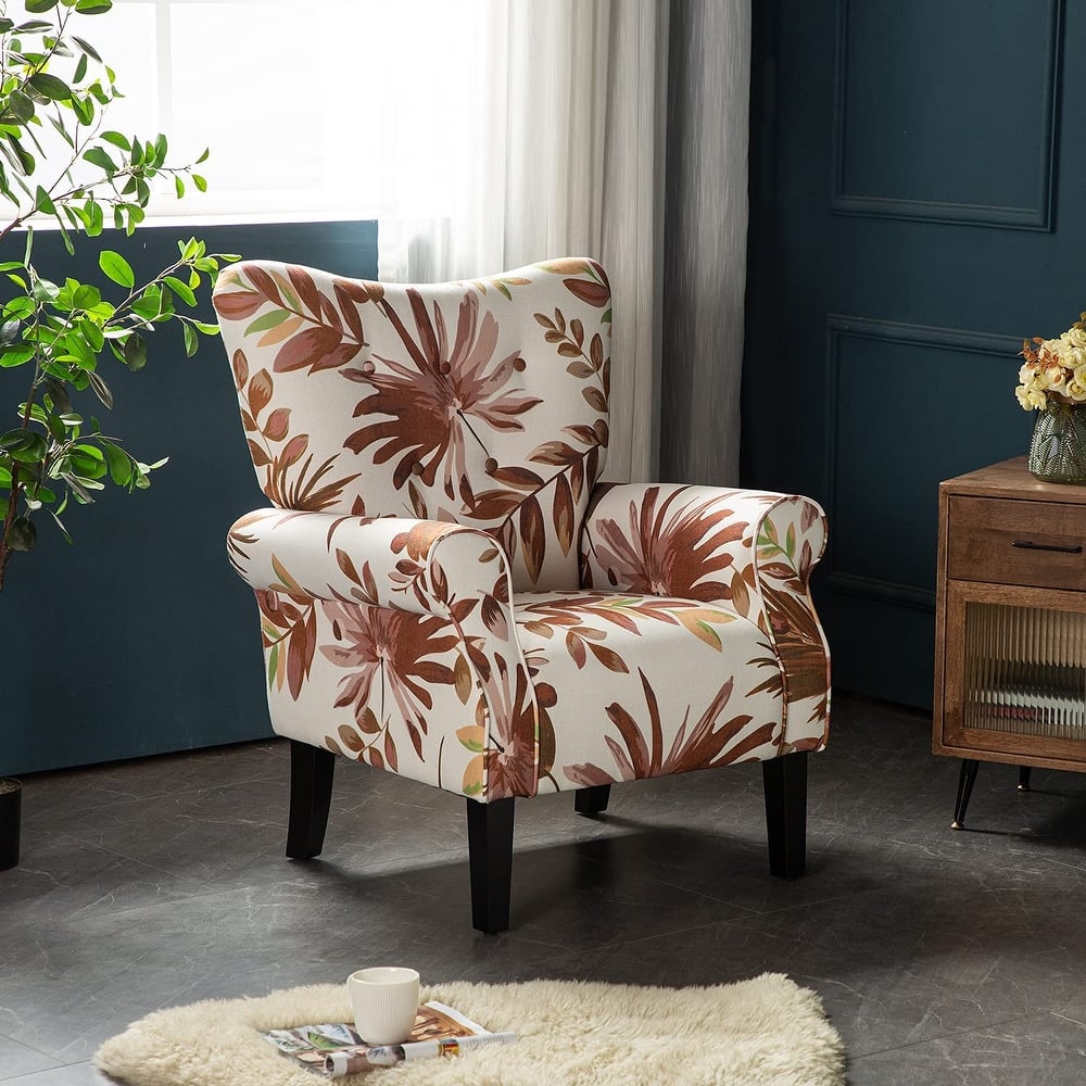 Erommy Wing back Arm Chair, Upholstered Fabric High Back Chair with Wood Legs