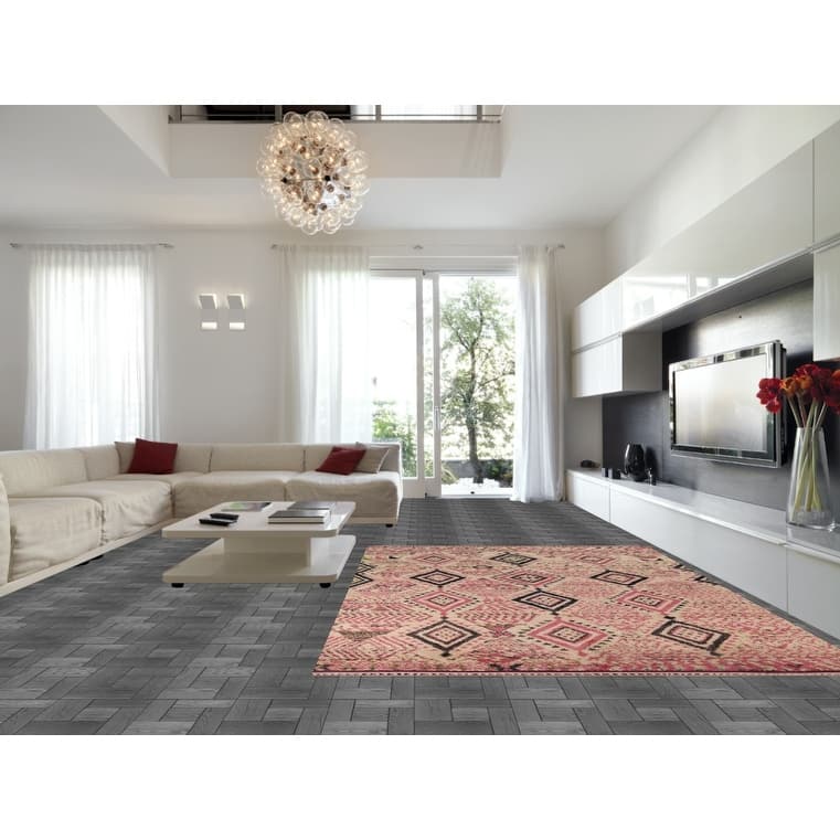 Beige & Pink Moroccan Oriental Area Rug Handmade Wool Carpet - 9'0" x 12'7"