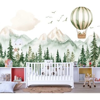 Hot Air Balloon Nursery Wall Mural Forest Animals & Mountain Wallpaper ...