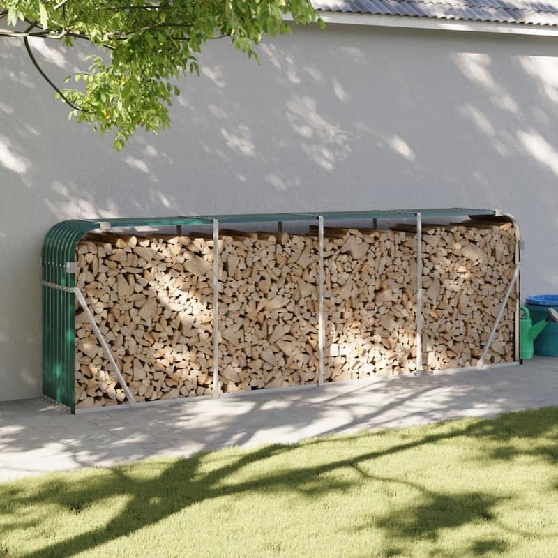 vidaXL Log Holder Outdoor Indoor Storage Firewood Rack Stand Galvanized Steel - 118.1" x 17.7" x 39.4" - Green