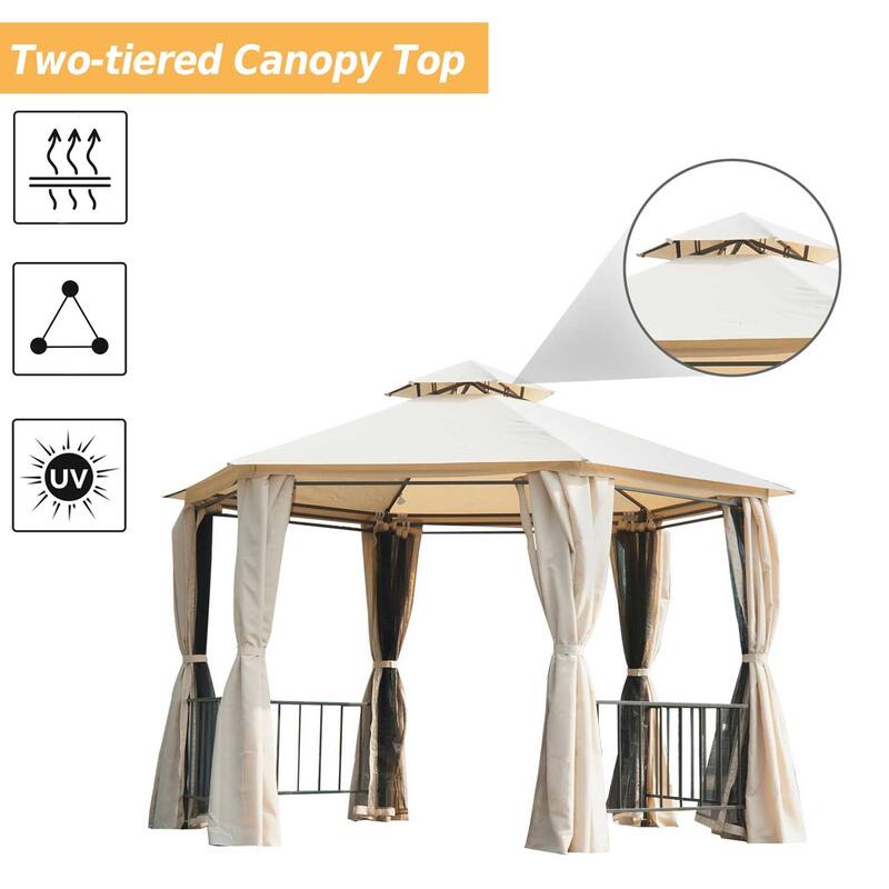 Outsunny 7' x 7' 2-Level Hexagon Outdoor Patio Gazebo Canopy Pavilion with Removable Mesh Curtains, Double Tiered Roof