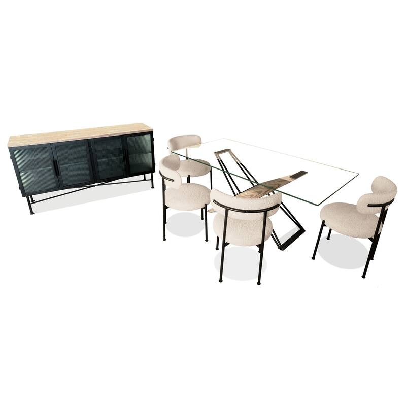 Aere Four Door Ribbed Glass, Metal and Wood Sideboard in Natural Ash and Black - 36" x 66" x 18"