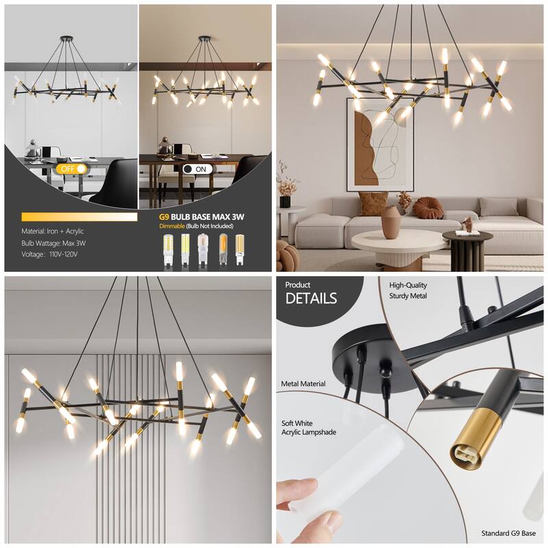 41" Modern Chandelier with Branch Design, Frosted Tubes & Black Cords