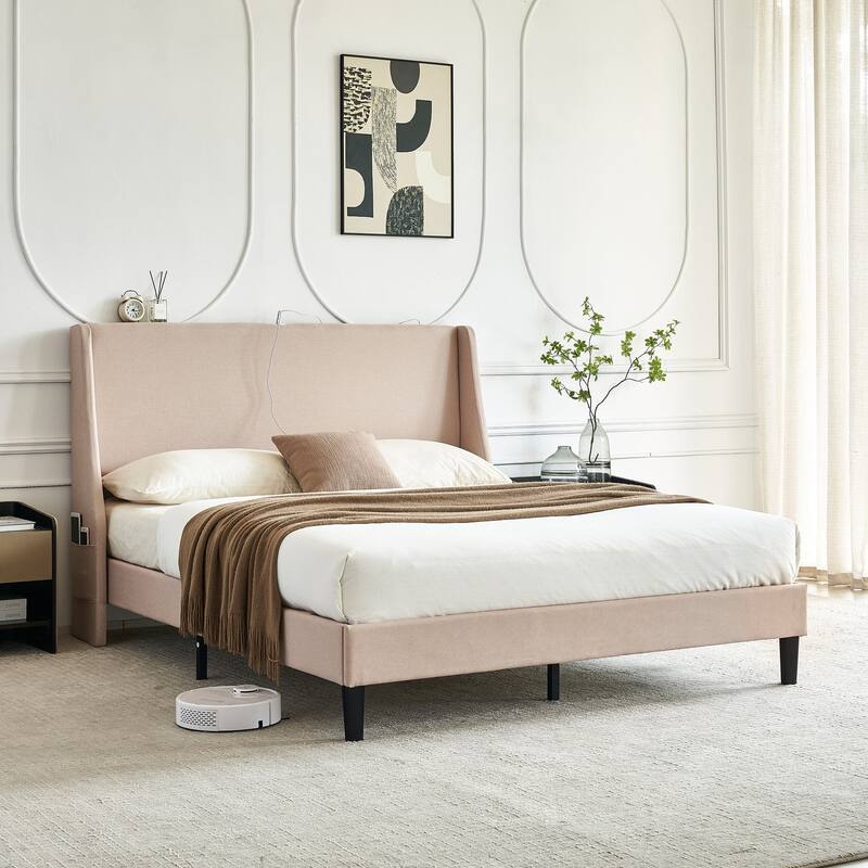 VECELO Bed Frame with Upholstered Wingback Headboard,Platform Bedframe with Charging Station & Side Pockets