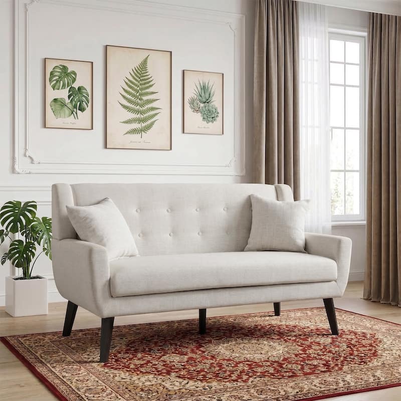 Modern 63-Inch Linen Tufted Loveseat Sofa with Pillows - Beige