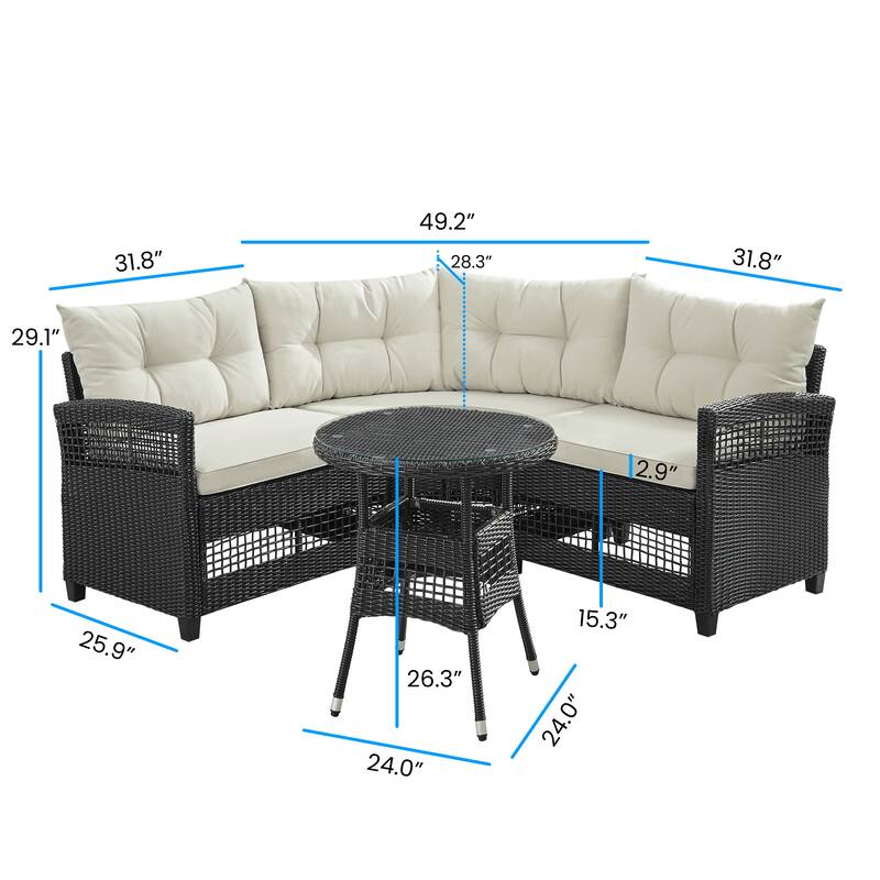 Corvus Fife 4-piece Outdoor Wicker Sectional Set with Round Glass Table