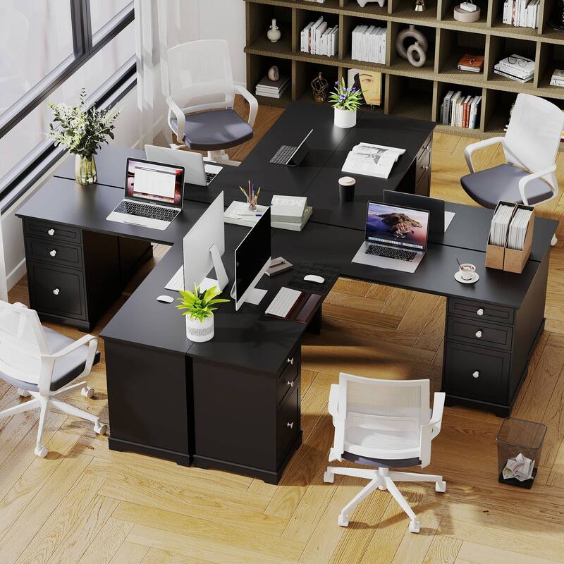 Farmhouse L Shaped Executive Desk Home Office Desk with File Drawer