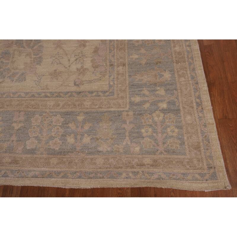 Vegetable Dye Oushak Turkish Area Rug Hand-Knotted Beige Wool Carpet - 9'1" x 11'5"