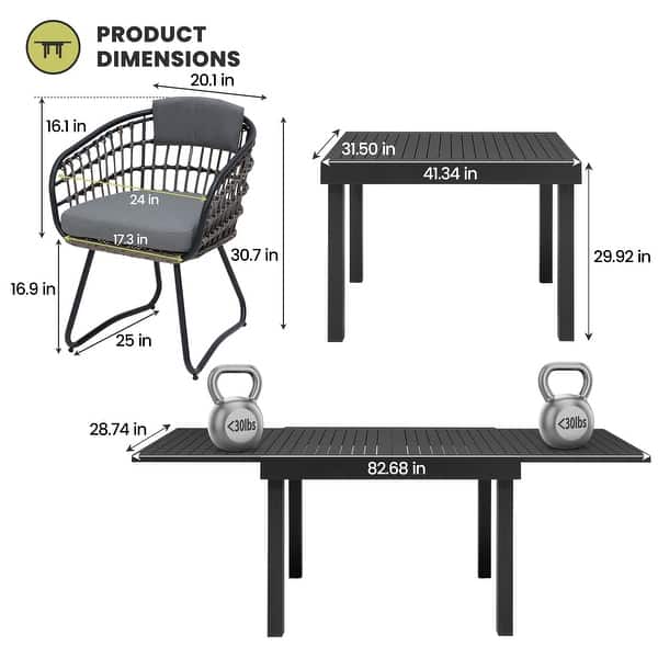 dimension image slide 5 of 10, 5/7/11-Piece Set Outdoor Aluminum Extendable Patio Dining Set Rectangle Table with Rattan Chairs