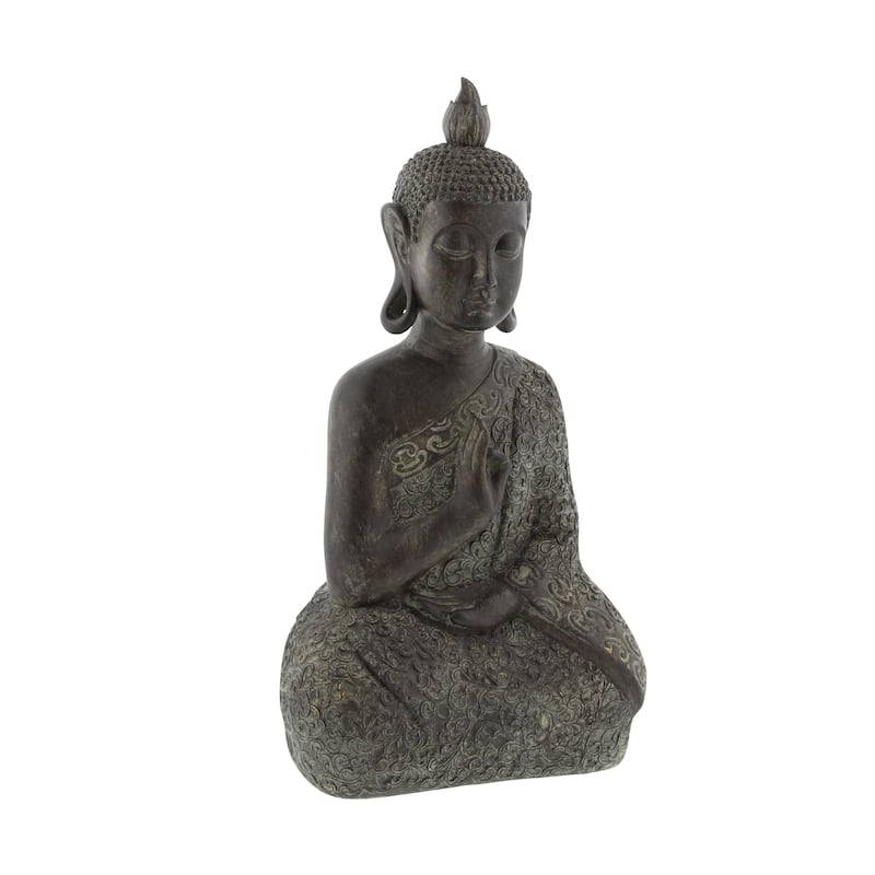Brown Polystone Meditating Buddha Decorative Sculpture with Engraved Carvings and Relief Detailing