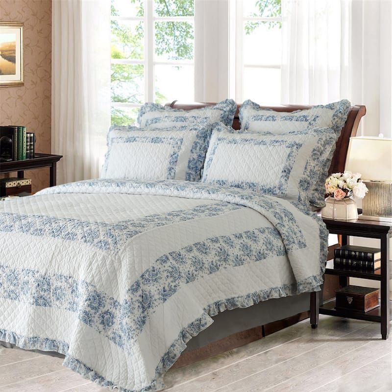 Ruffle Lace Soft Garden Cotton Quilt Set & Euro Sham