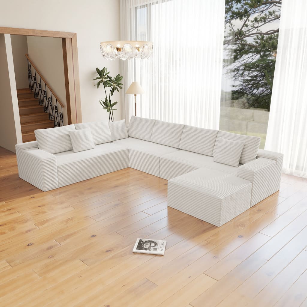 Roomfitters 137.8" Modular Sectional Sofa, 4-Piece Compressed Cloud Couch, No Assembly Required, Plush Corduroy, White
