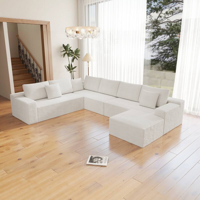 Roomfitters 137.8" Modular Sectional Sofa, 4-Piece Compressed Cloud Couch, No Assembly Required, Plush Corduroy, White - White