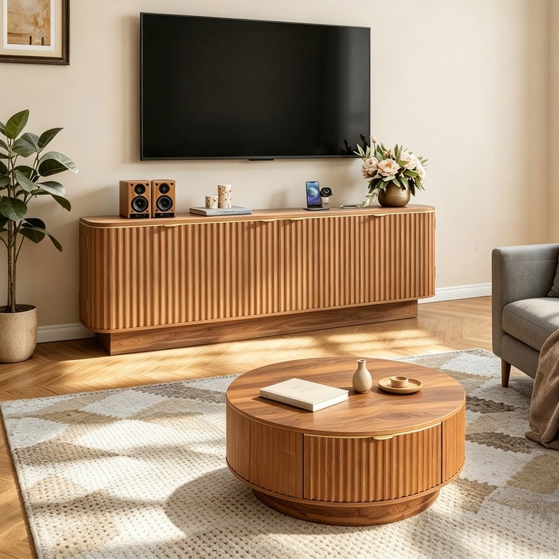 Modern TV Stand for TVs Up to 70", Fluted Media Entertainment Center with TV Console & Coffee Table Set