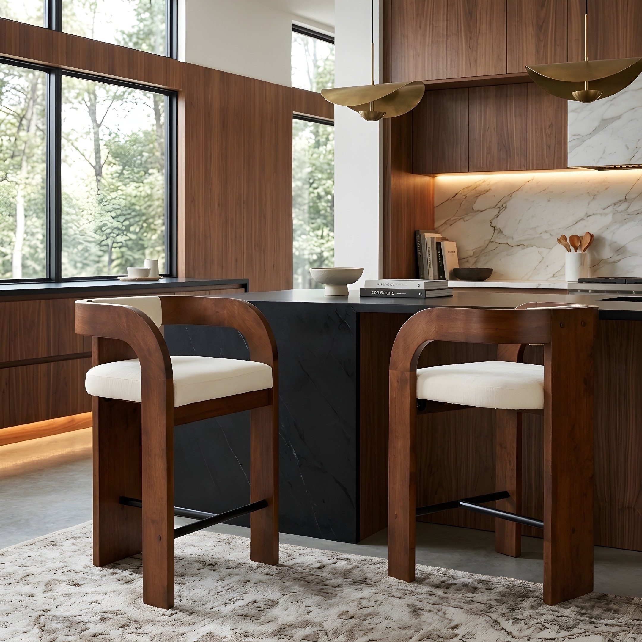Christopher Knight Home - Klyo Modern Set of 2 Counter Height Bar Stools, Curved Wood Frame, Metal Footrest & Upholstered Seat