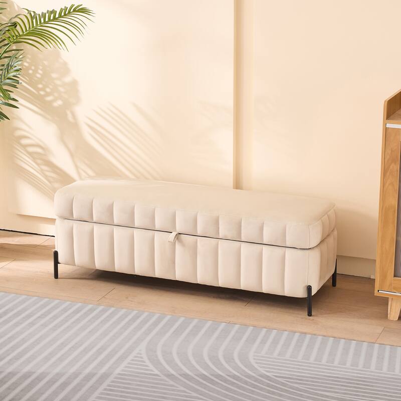 Rustic Upholstered Bench End of Bed Bench Leisure Bench, Beige Velvet Bench Ottoman Accent Bench Storage Bench