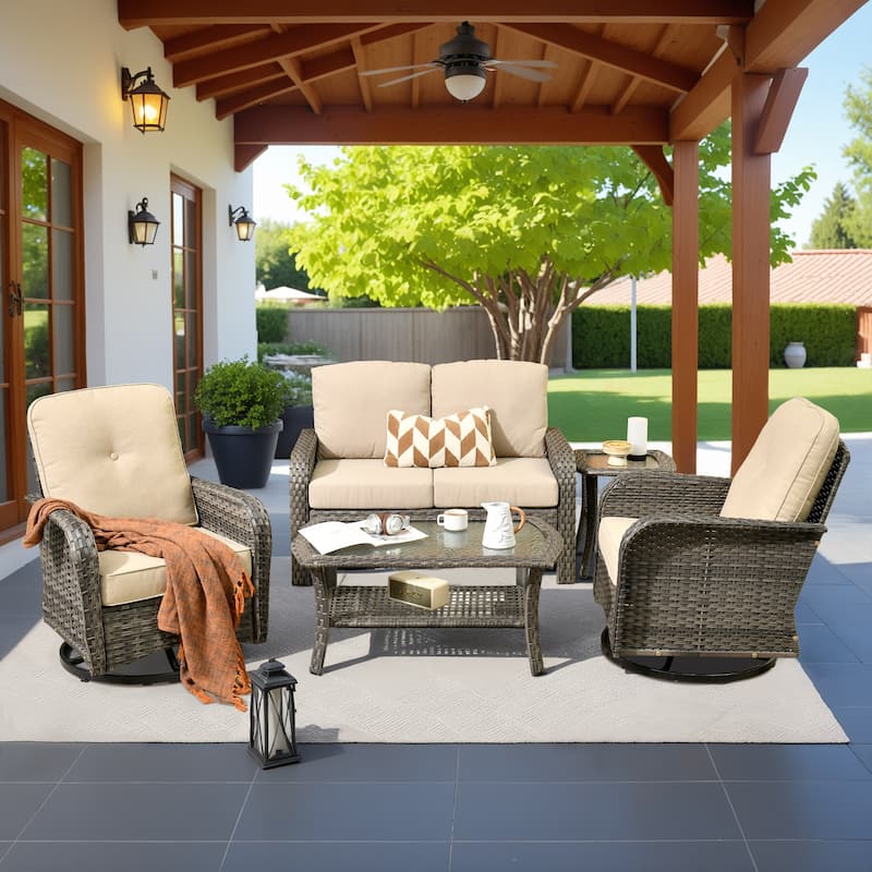 XIZZI Outdoor Patio Furniture Wicker Sofa Swivel Chair Set - 5-Piece - Beige
