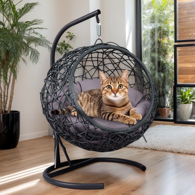 Modern Pet Hammock, Rattan Swing Bed with Stand & Removable Cushion, Gift for Cat/Dog Lovers, Space-Saving Indoor-Outdoor - Grey
