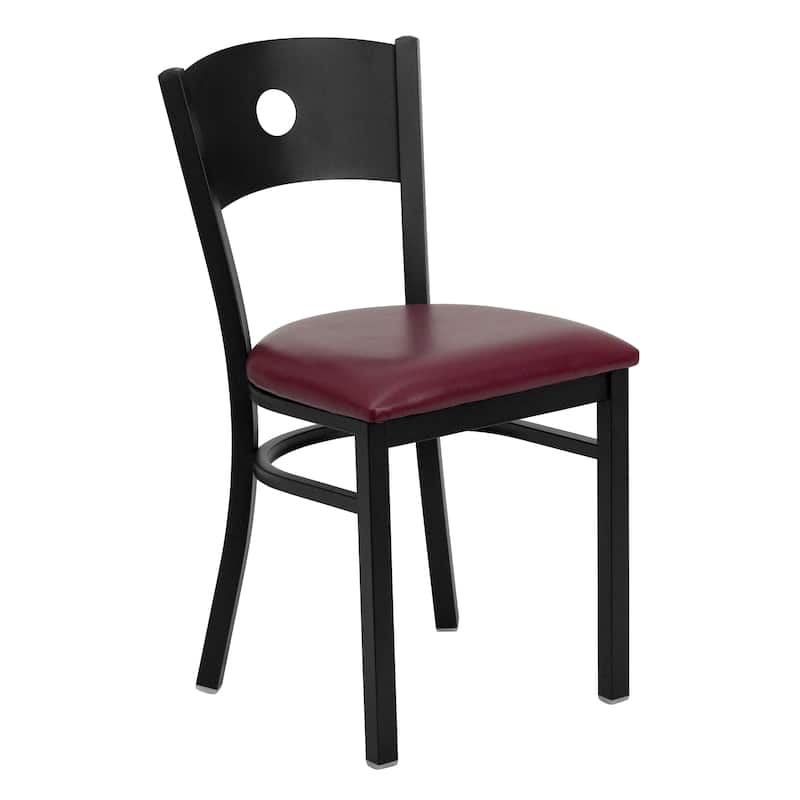 Black Circle Back Metal Restaurant Chair - 17.25"W x 20.25"D x 32.5"H - burgundy vinyl seat/black metal frame