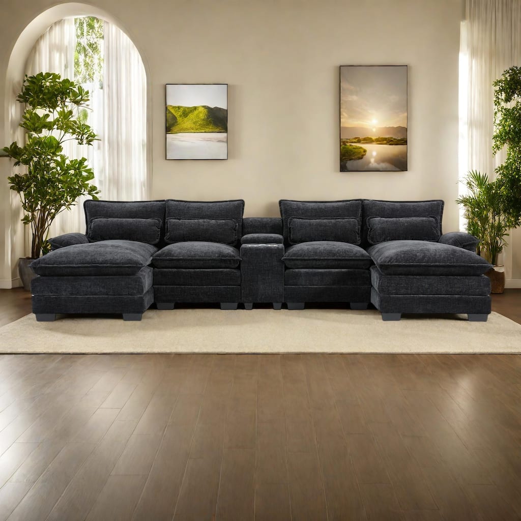 123" Chenille U-Shaped Sectional Sofa with Console, Cup Holders, USB Charger, and Double Chaise