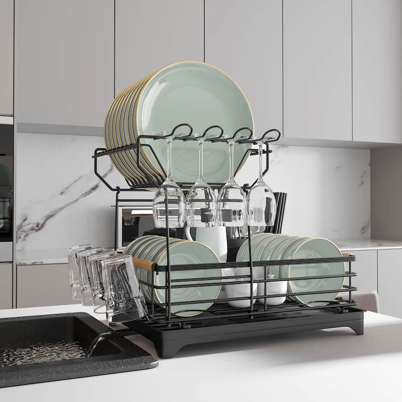 Double-Layer Dish Rack with Bamboo Handle