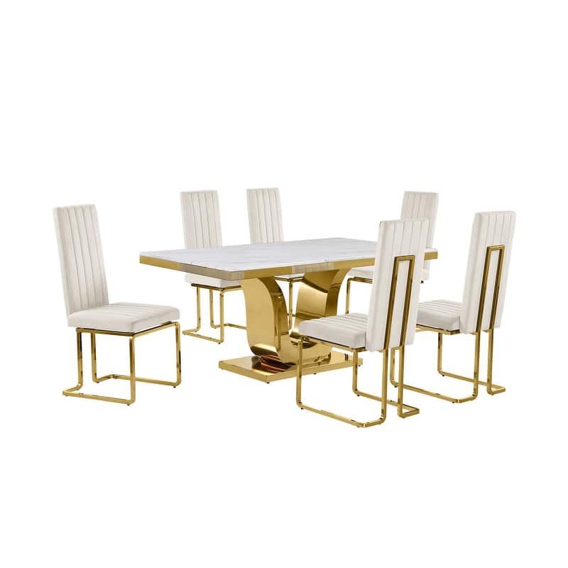 Best Quality Furniture D320-SC344-7 Dining Set with 66" White Marble Top