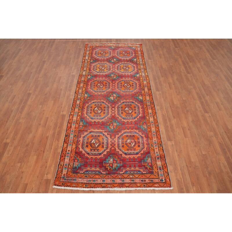 Hand Knotted Oriental 100% Wool Carpet Traditional Geometric Oranges & Rust Meshkin Runner Rug - 10' 10'' X 4' 3''