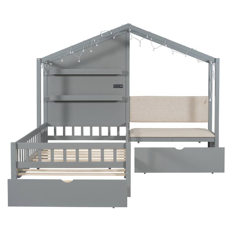 Twin Size House Bed with Upholstered Sofa, Charging Station, Wireless Charging, Shelves, and Drawers, Gray
