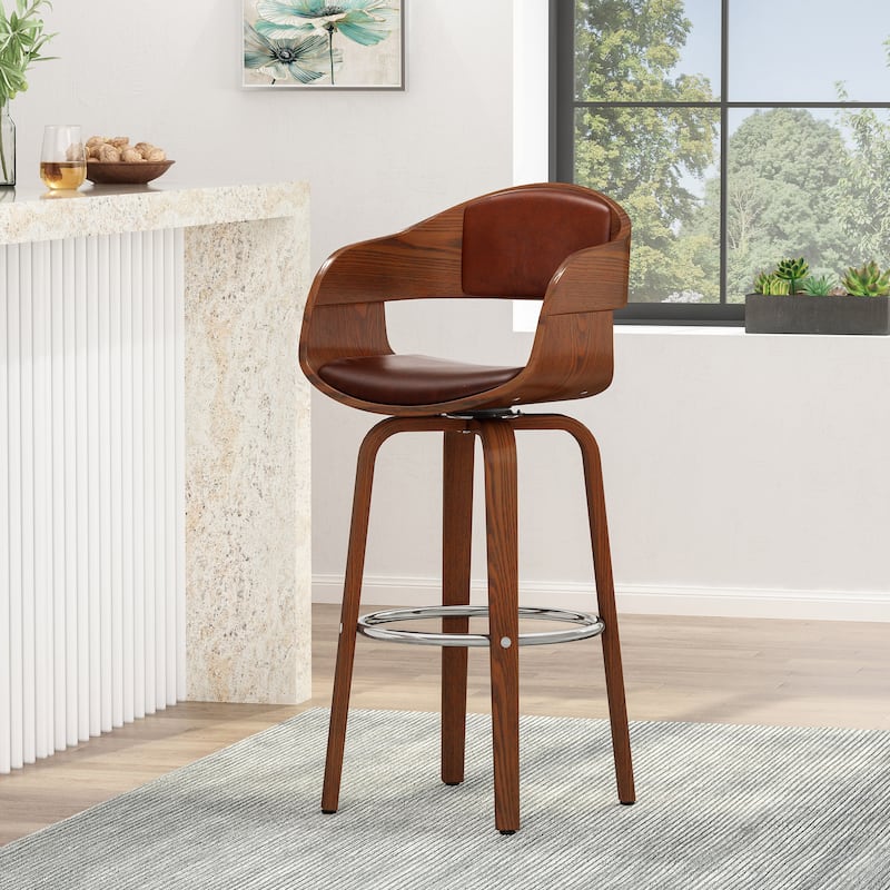 Roomfitters Mid-Century Modern Bentwood Bar Stool with Swivel Faux Leather Seat and Chrome Footrest, Brown