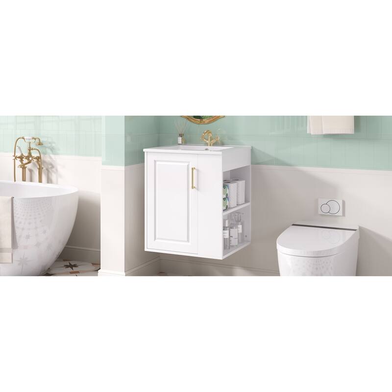 Roomfitters 20 Inch Wall Mounted Bathroom Vanity & Side Cabinet Combo, Floating Storage Station with Sink, White