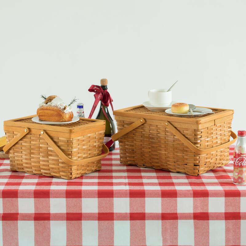 Woodchip Picnic Storage Basket with Cover and Movable Handles
