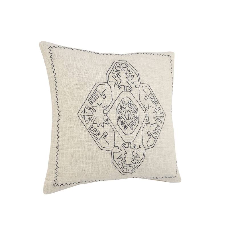20" Blue and Off White Embroidered Damask Medallion Square Throw Pillow