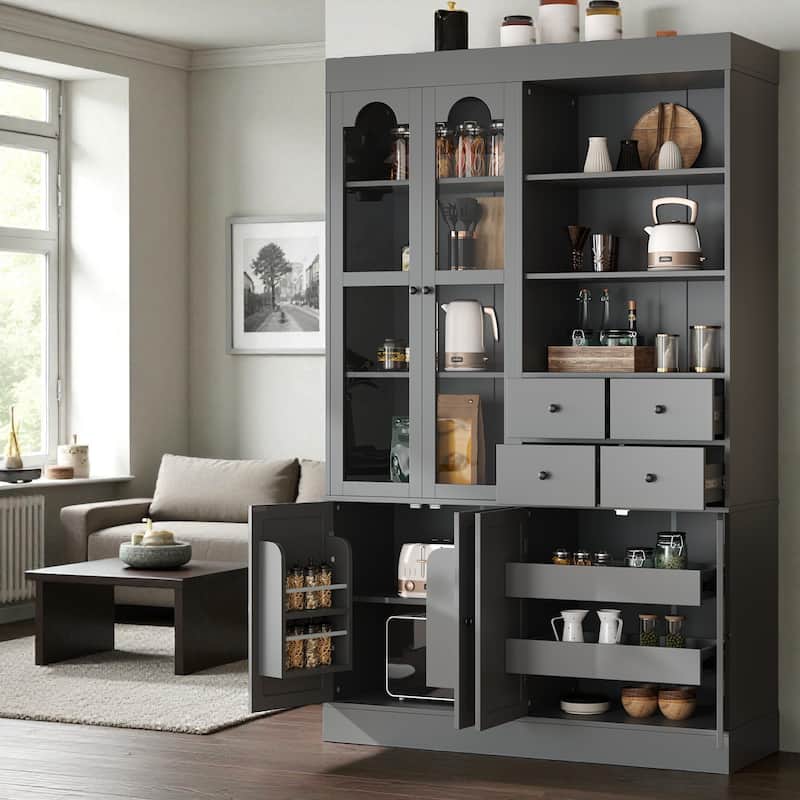 75" Freestanding Kitchen Pantry Buffet with Hutch, 4 Drawers, Glass Doors, Adjustable Shelves and Pull-Out Trays