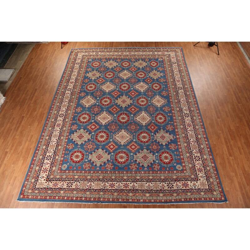Vegetable Dye Blue Kazak Oriental Large Area Rug Handmade Wool Carpet - 12'8" x 16'5"