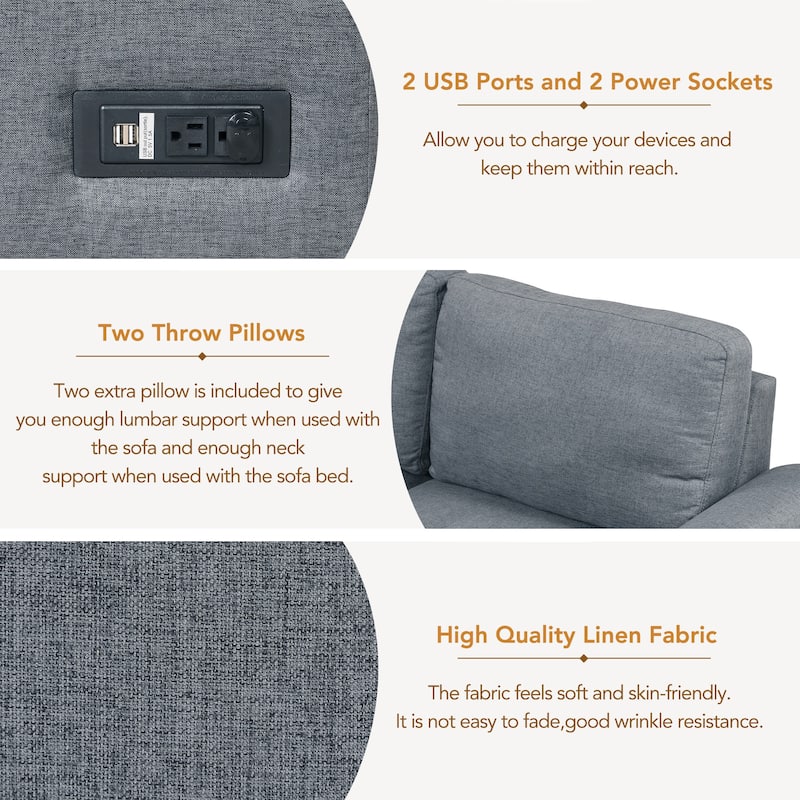Sleeper Sectional Sofa, L-Shape Corner Couch Sofa-Bed with Storage Ottoman & Hidden Arm Storage & USB Sockets