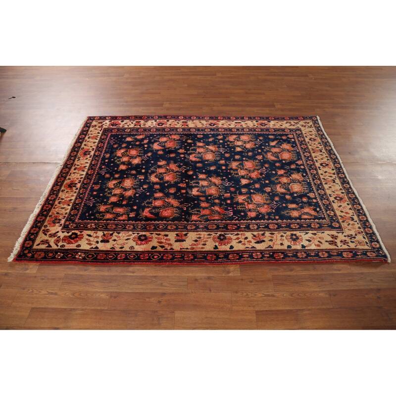 Blue Sirjan Persian Vintage Area Rug Hand-Knotted Wool Carpet - 4'6"x 6'3"